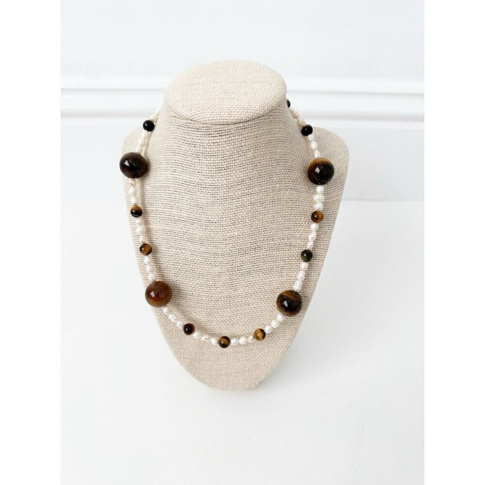 NWT Genuine Tiger's Eye & Pearls Necklace Beaded Brown White